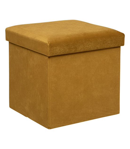 Pouf pliant et coffre de rangement en tissu jaune moutarde 38 x 38 cm