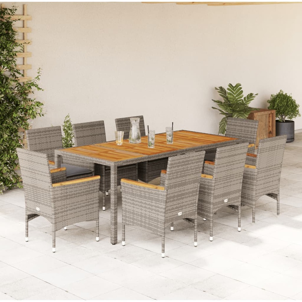 Ensemble à manger de jardin et coussins 9 pcs gris rotin acacia