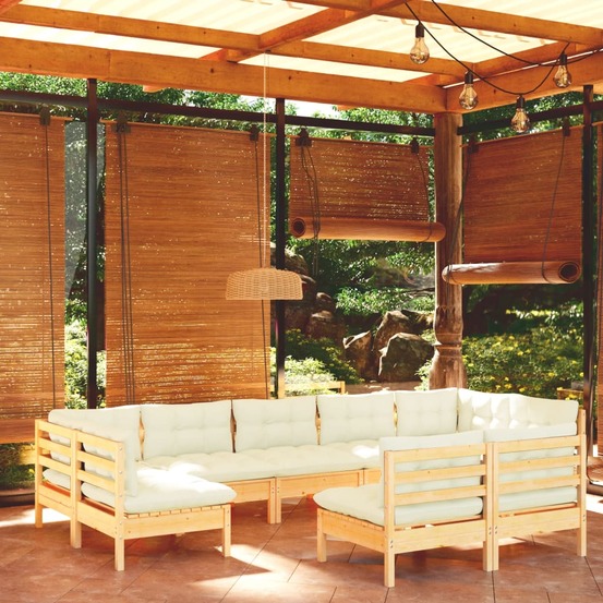 Salon de jardin 9 pcs avec coussins crème bois de pin massif