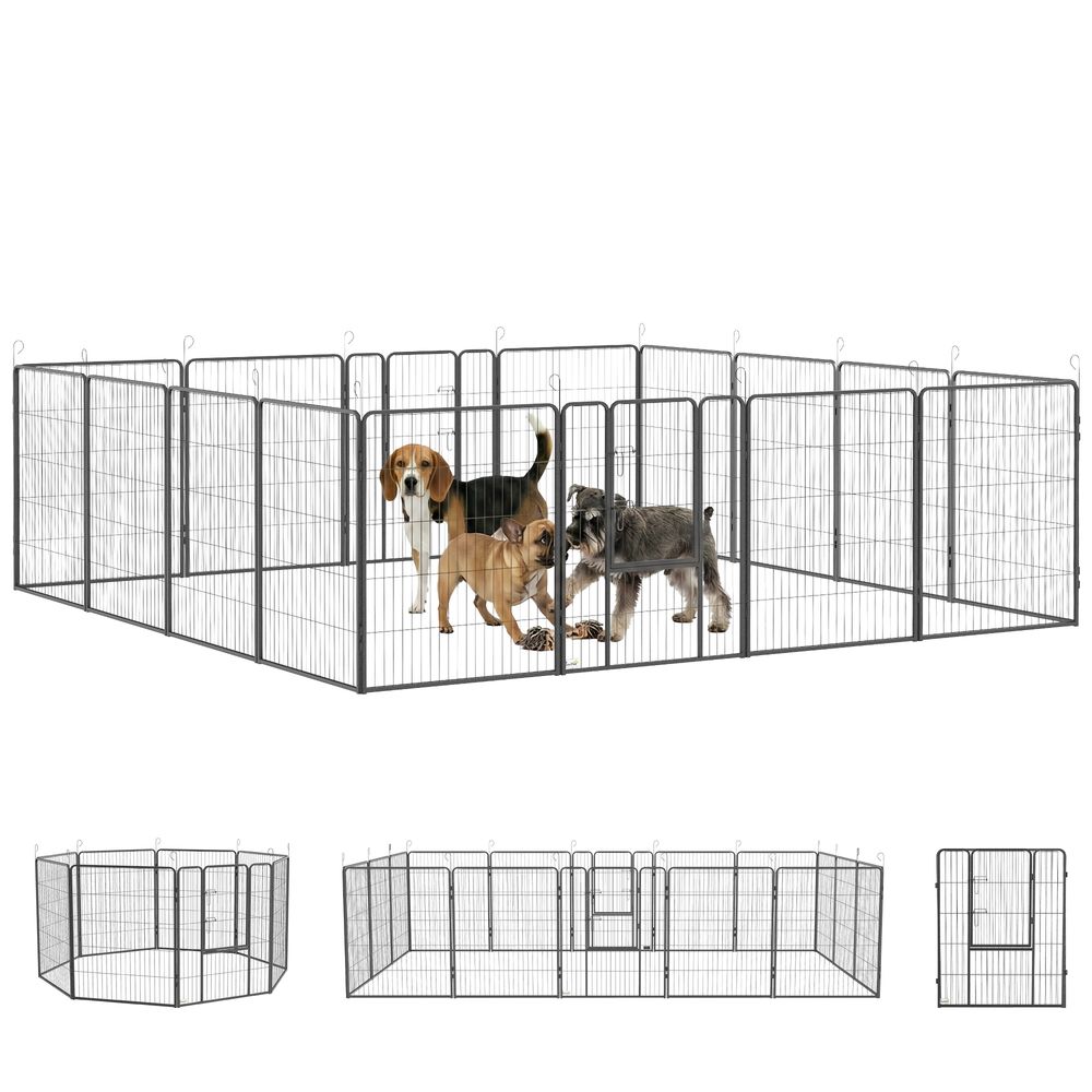 Parc à chiots modulable acier gris 16 panneaux hauteur 100 cm 2 portes extérieur