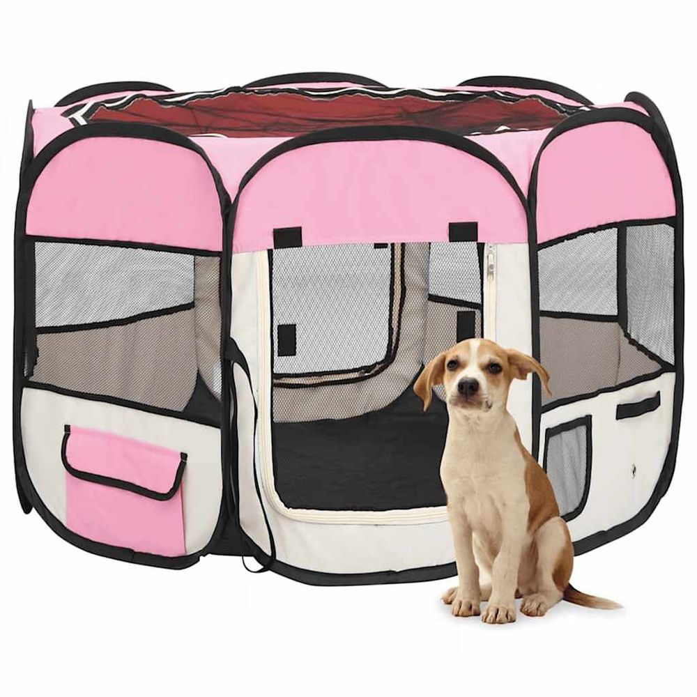 Parc pour chien pliable en tissu design avec sac de transport pour voyage rose