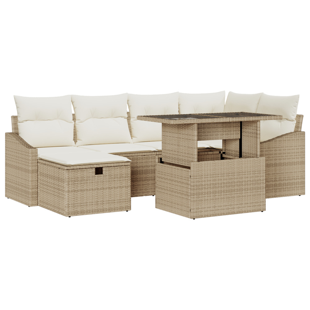 Ensemble de canapé de jardin 7 pièces avec coussins beige poly rotin