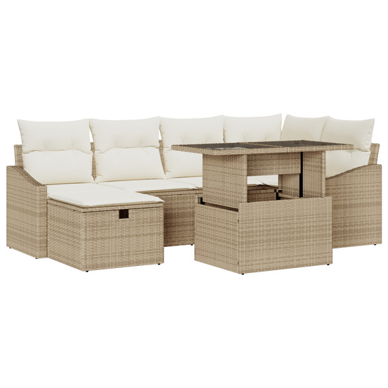Ensemble de canapé de jardin 7 pièces avec coussins beige poly rotin