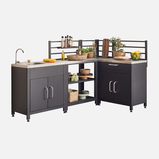 Cuisine extérieure avec 4 modules en acier, meuble avec évier, étagères, tiroirs, rangements