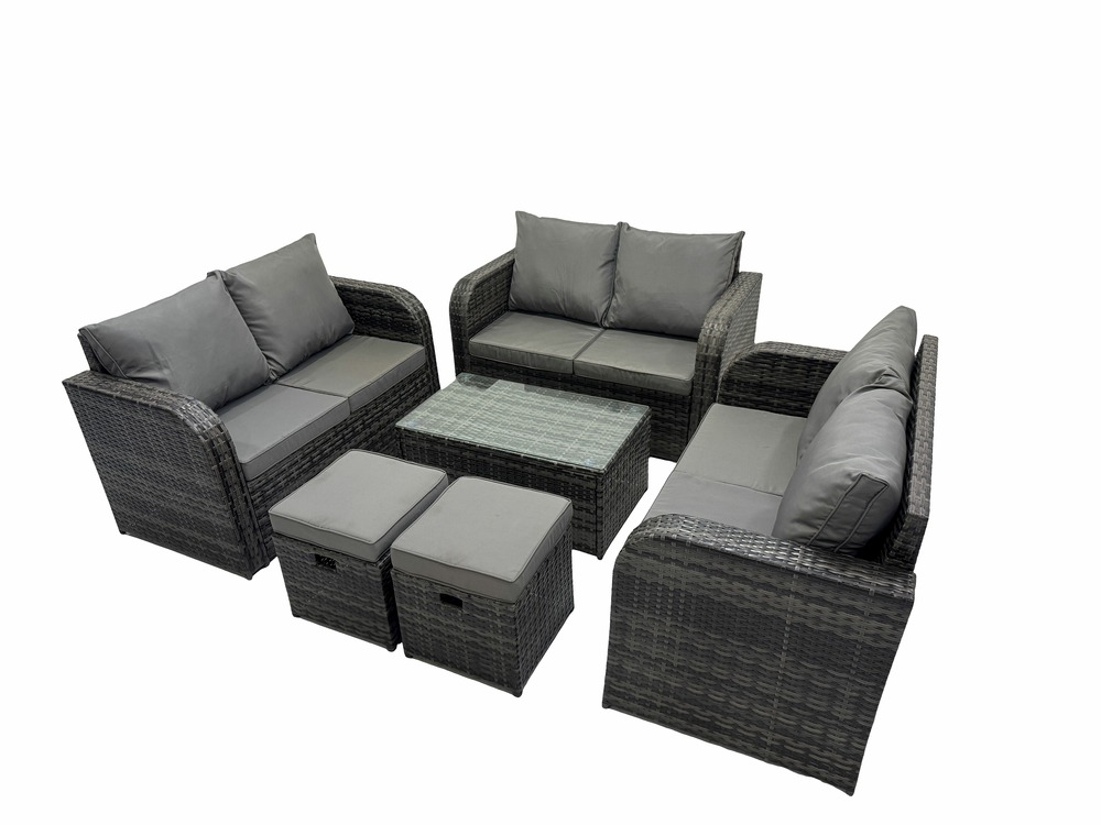 Ensemble de meubles de jardin en polyrotin 8 places avec table basse rectangulaire canapé d'amour 2 petits tabourets