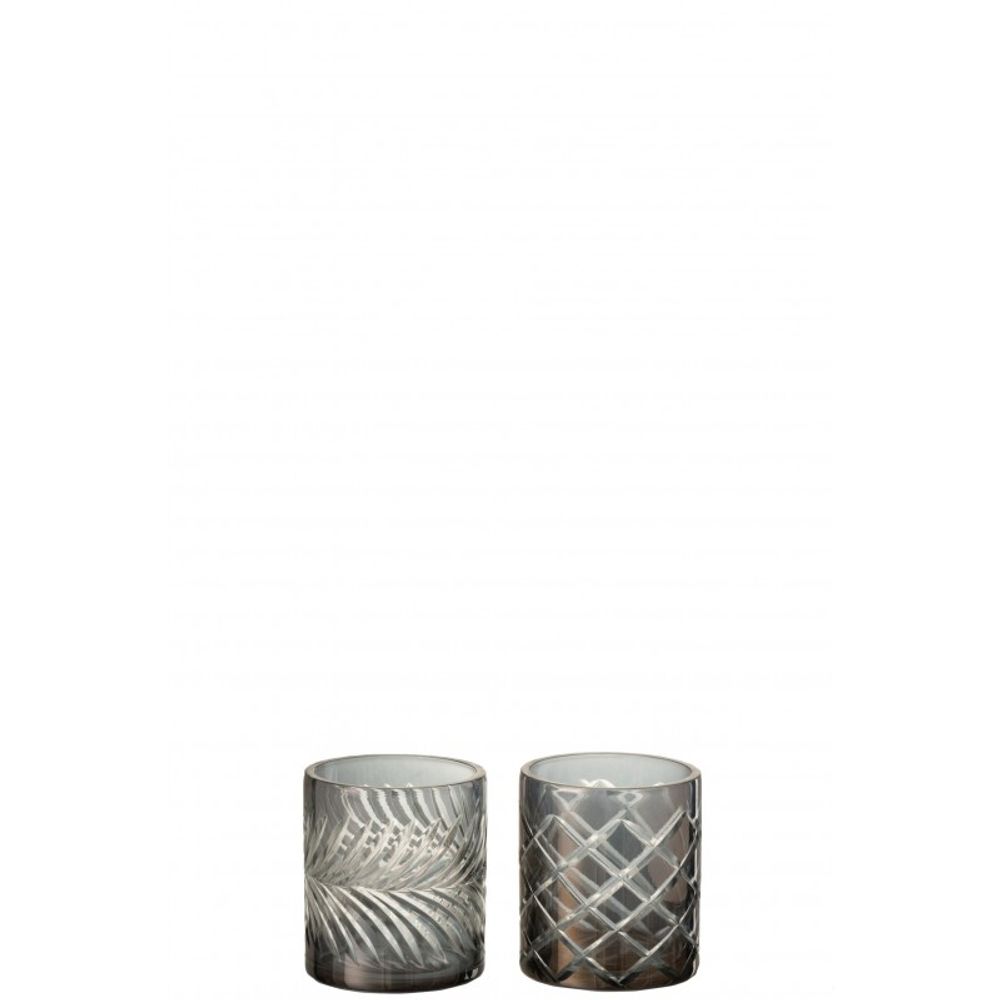 Lot de 2 photophores à motifs en verre argent 14x14x20cm