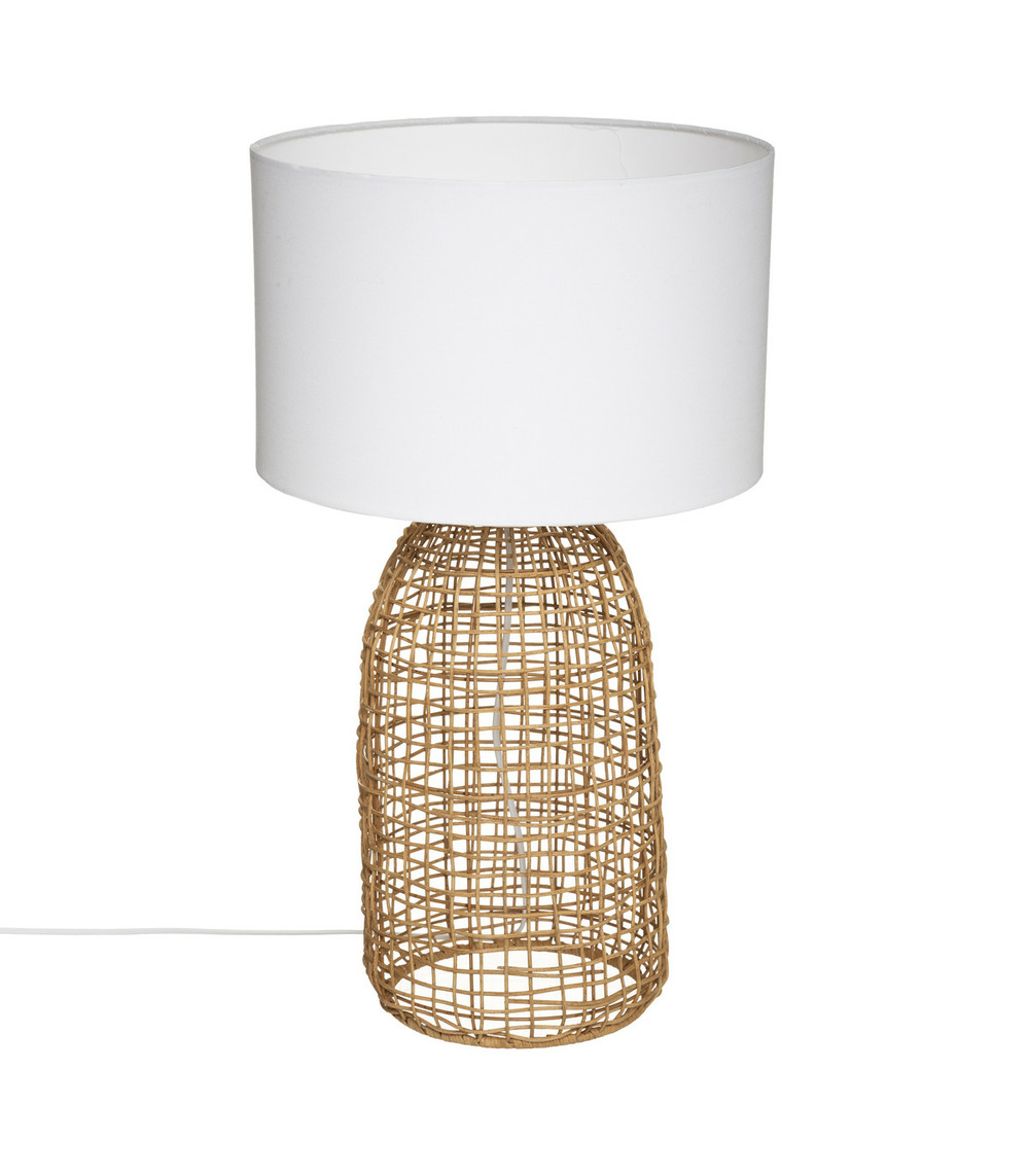 Lampe à poser en rotin et abat-jour blanc h 55 cm