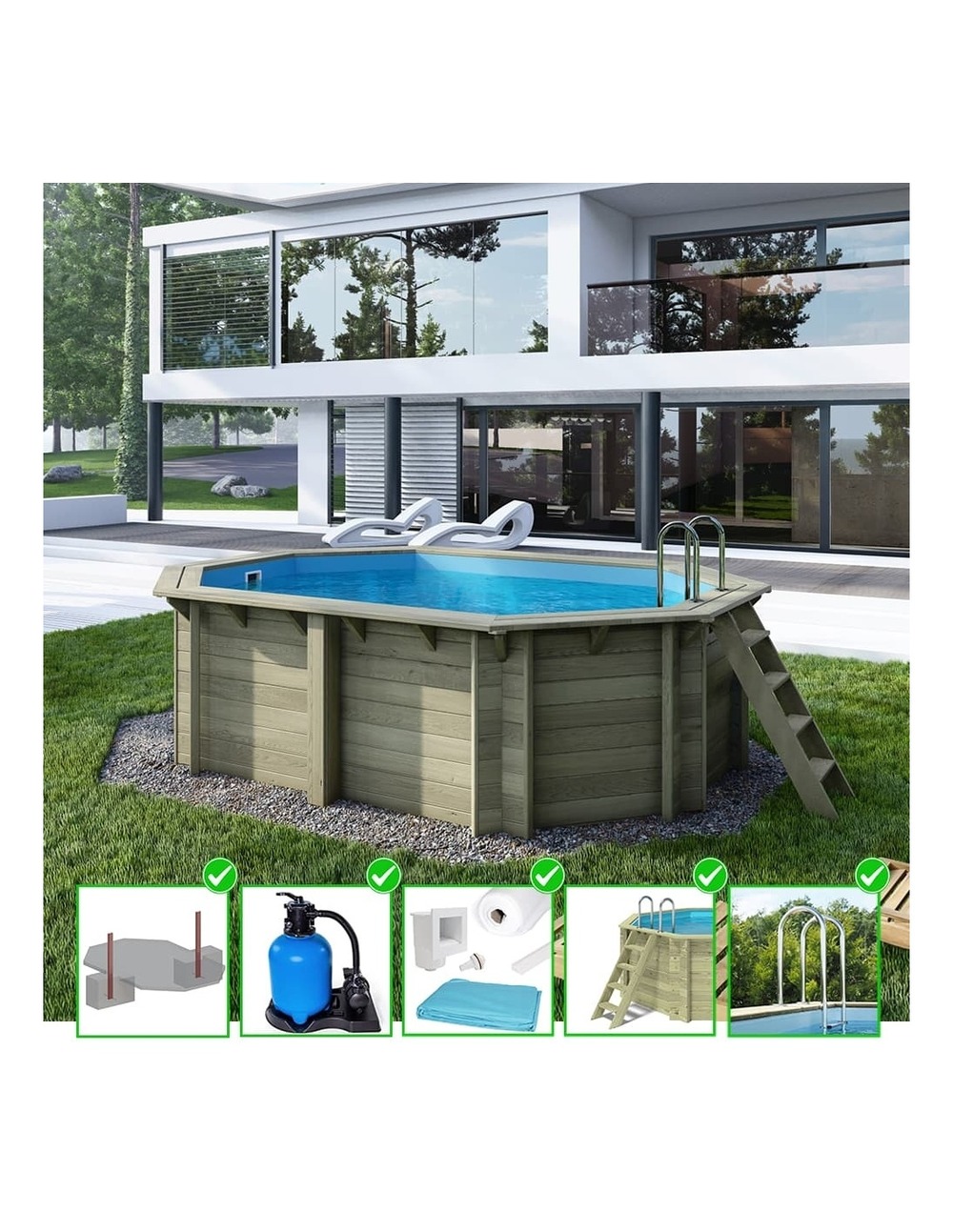 Piscine en bois nemo 4,3x3 - h.1,18 m fixations à sceller - bas7302ospi - altanka