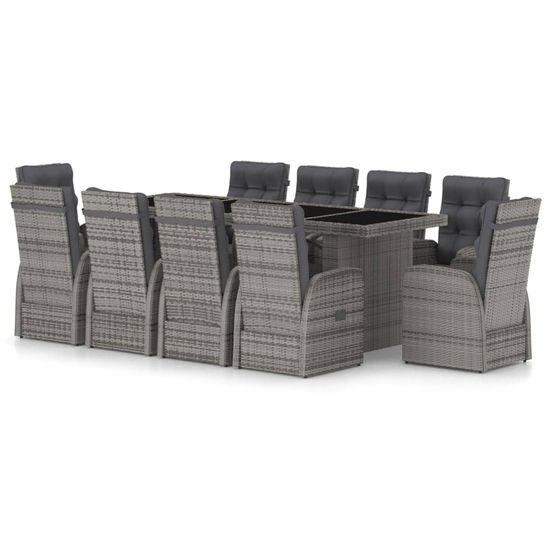 Salon de jardin 11 pcs avec coussins résine tressée gris