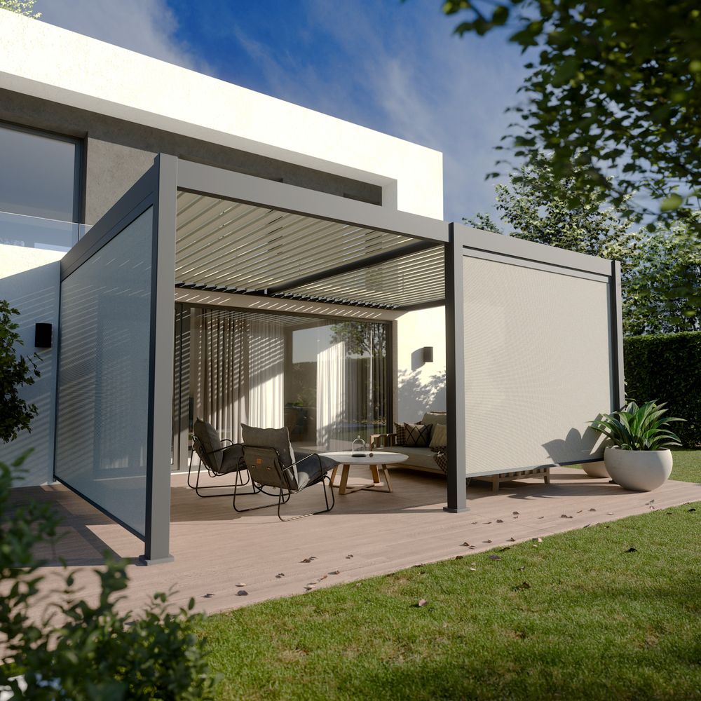 Pergola bioclimatique aluminium adossée 19m² - 3,6x5,3 - deux stores inclus - anthracite - 34 lames en aluminium a 120 degrés