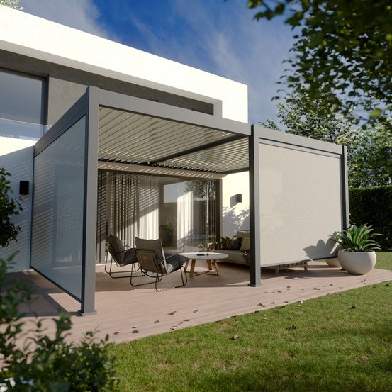 Pergola bioclimatique aluminium adossée 19m² - 3,6x5,3 - deux stores inclus - anthracite - 34 lames en aluminium a 120 degrés