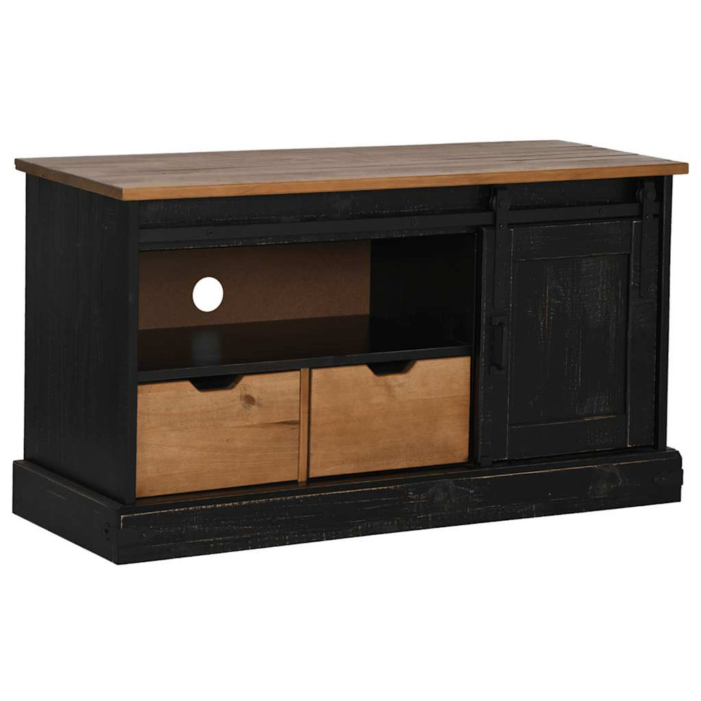 Meuble tv halden porte coulissante noir 110x40x60cm bois massif