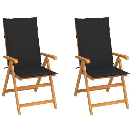 Chaises pliantes (lot de 2) avec coussins noirs, en bois de teck massif