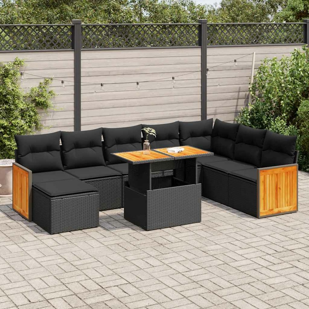 Salon de jardin avec coussins 9 pcs noir résine tressée acacia