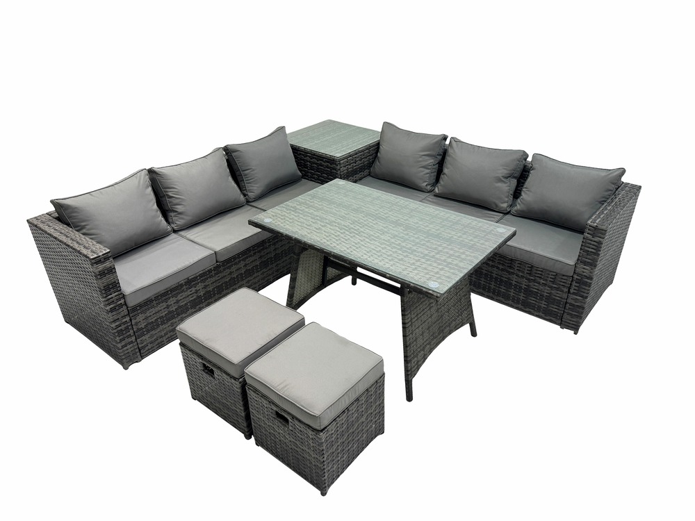 Salon de jardin exterieur canapé d'angle table à manger avec 2 petits tabourets