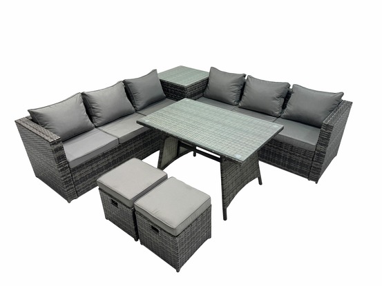 Salon de jardin exterieur canapé d'angle table à manger avec 2 petits tabourets