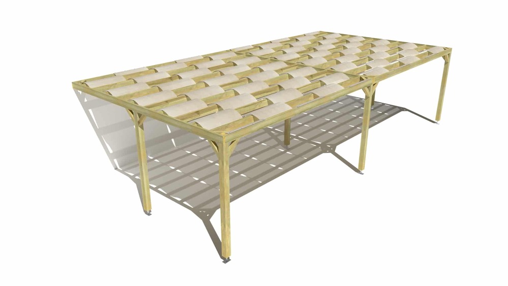 Pergola bois • 10m x 5m • adossée • sens largeur • voilage semi-transparent inclus • livraison comprise
