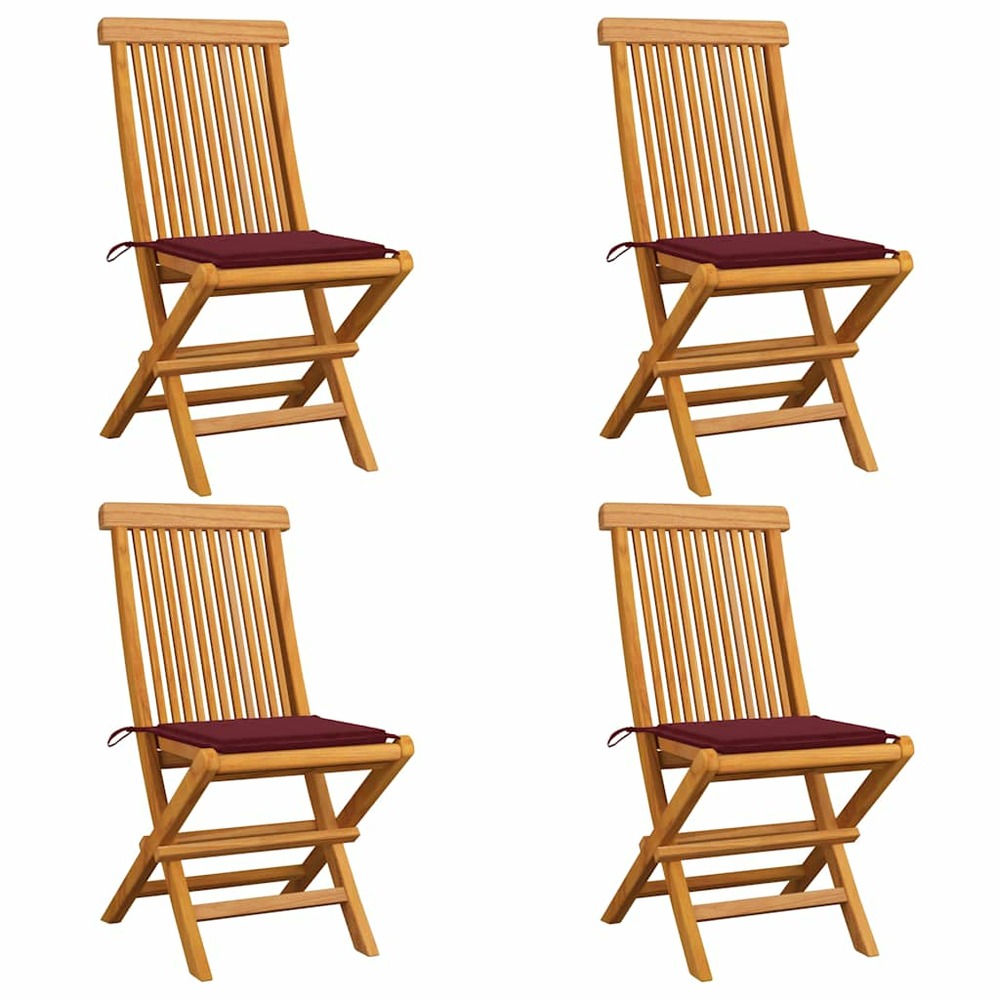 Chaises de jardin avec coussins rouge bordeaux lot de 4 teck