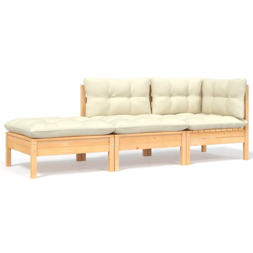 Salon de jardin 3 pcs avec coussins crème bois de pin massif