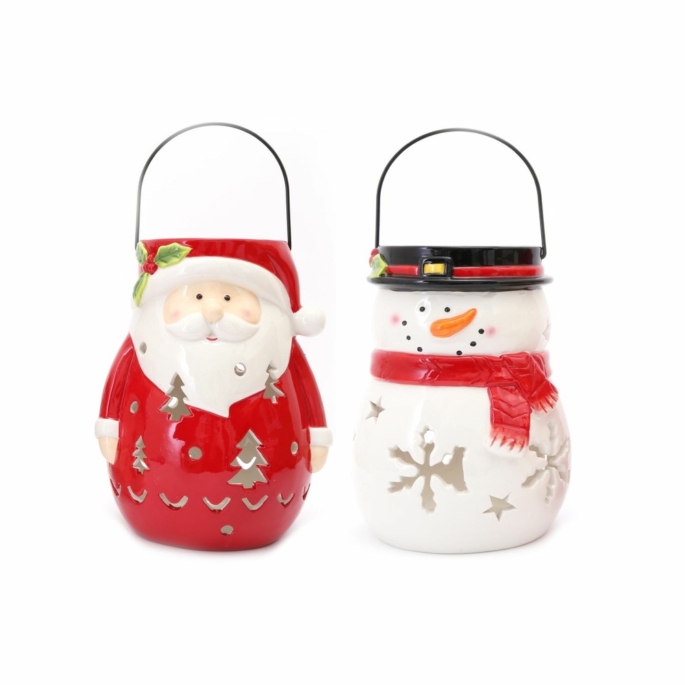 Lot de 2 décoration de noël lanterne xmas - père noêl et bonhomme de neige
