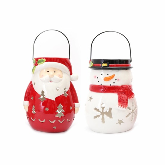 Lot de 2 décoration de noël lanterne xmas - père noêl et bonhomme de neige