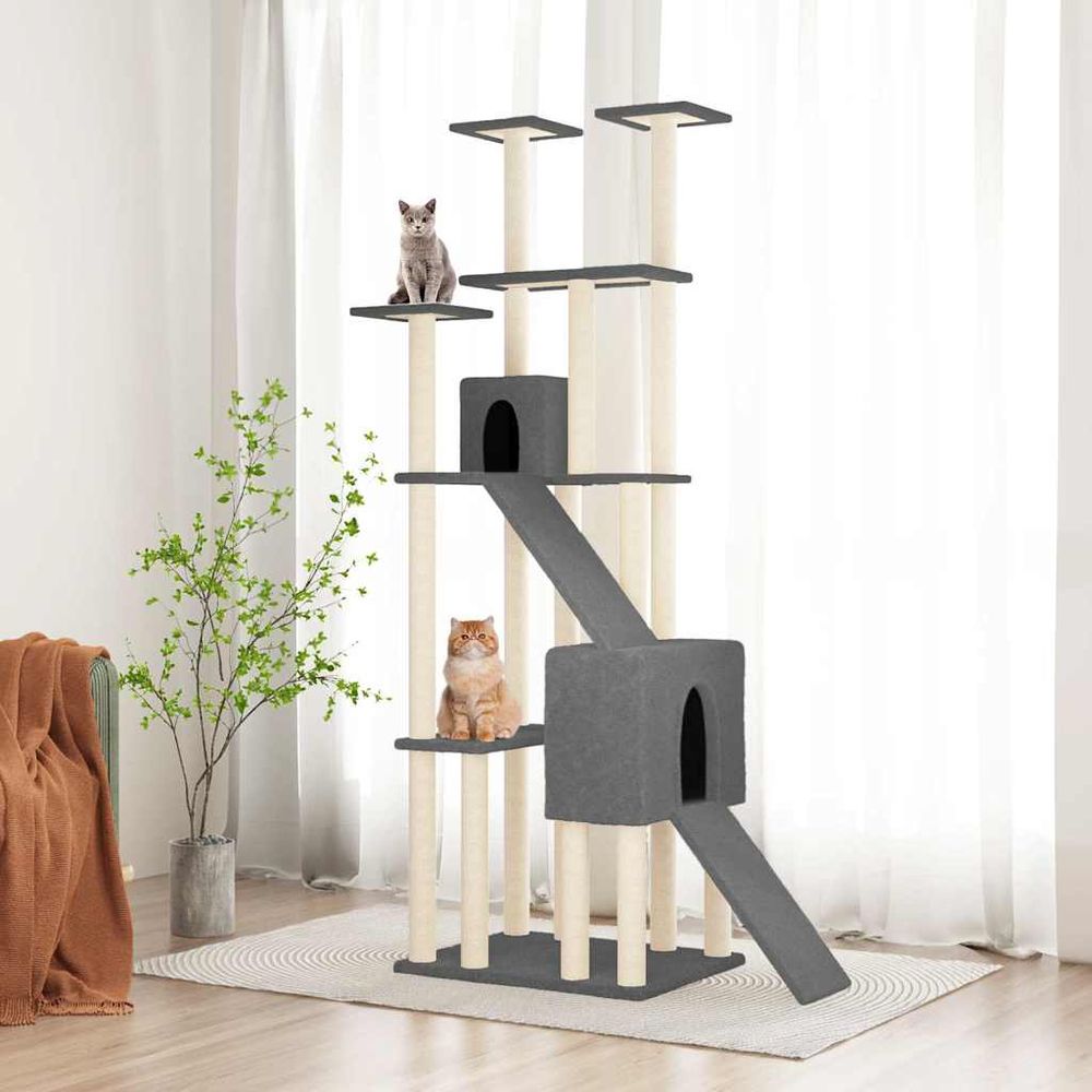 Arbre à chat 190cm avec griffoirs sisal 2 niches et plateformes gris foncé