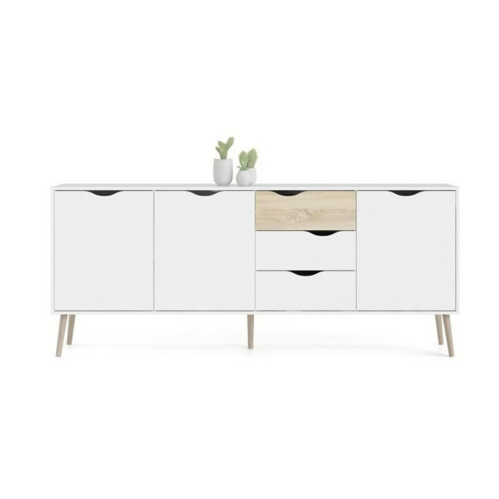 Buffet - blanc / chene - 3 portes / 3 tiroirs - pietement évasé en bois massif - 195,7 x 39,1 x 81,7 cm - tvilum