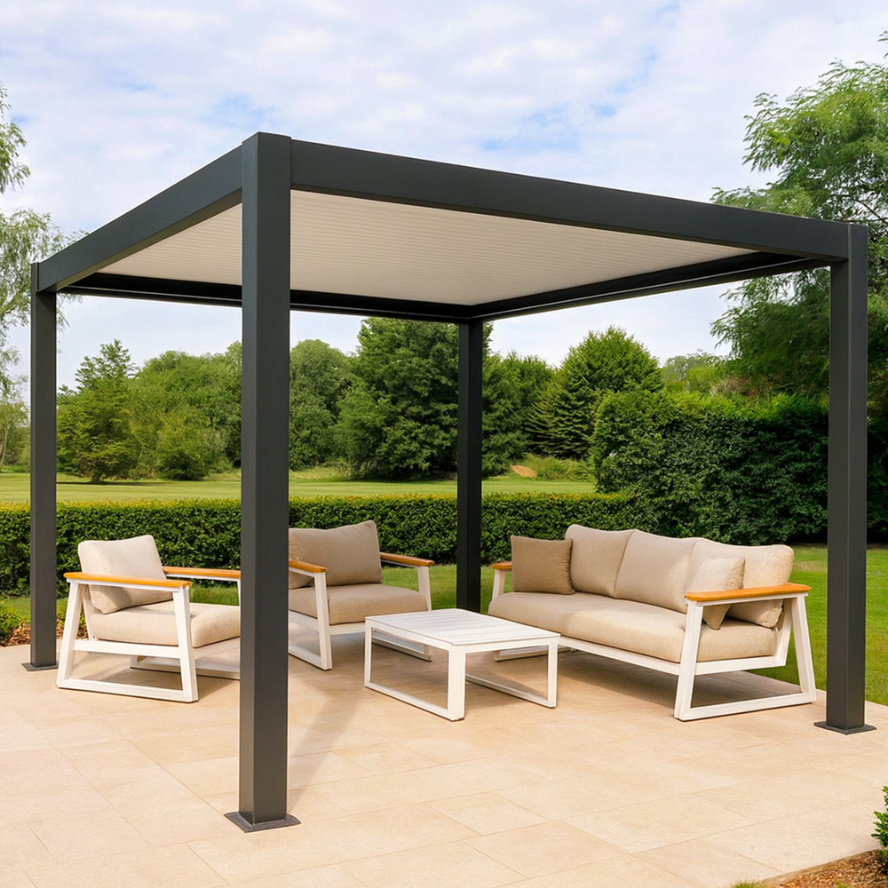 Pergola motorisee 3x4 en aluminium noir et blanc avec lamelles reglables