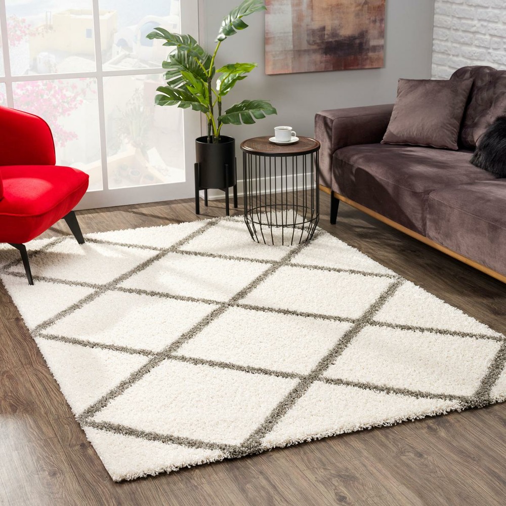 Tapis longs poils shaggy 200x290 rectangle tissé crème motif scandinave