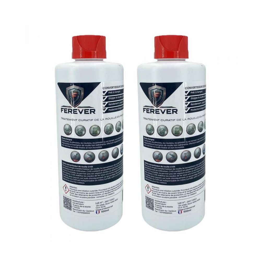 Lot 2 bidons convertisseur de rouille 0,5l longue durée, séchage rapide - ferever cv01x2