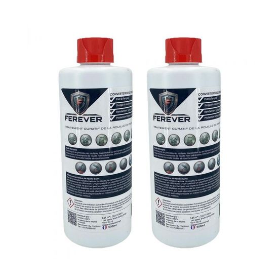 Lot 2 bidons convertisseur de rouille 0,5l longue durée, séchage rapide - ferever cv01x2