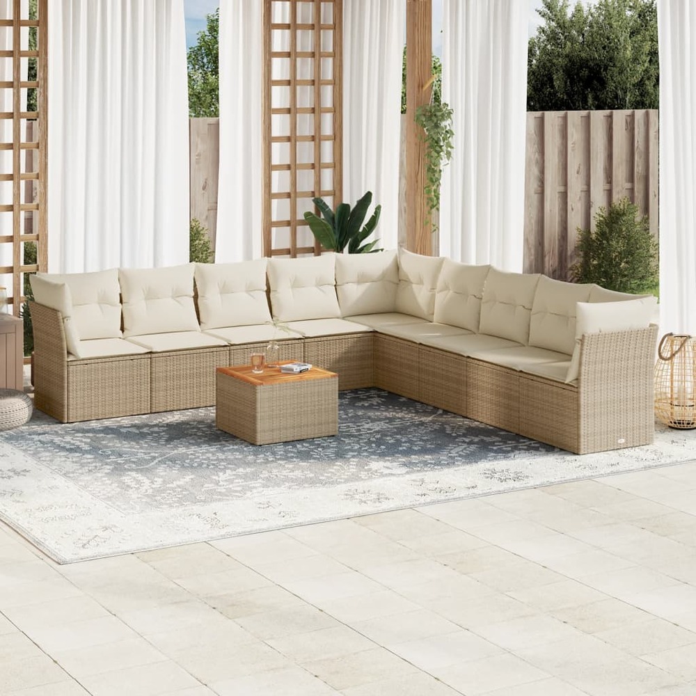 Salon de jardin avec coussins 10 pcs beige résine tressée