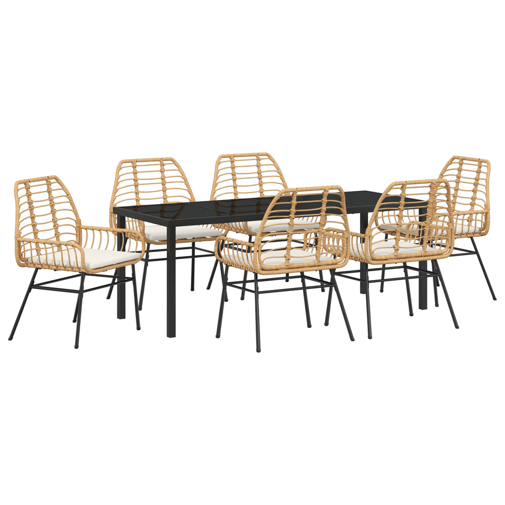Ensemble de salle à manger de jardin 7 pièces avec coussins marron poly rattan
