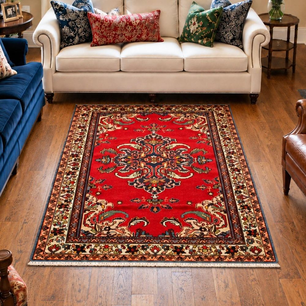 Tapis d'orient 106 x 152 cm, rouge, beige et bleu, laine nouée main, hamadan 42