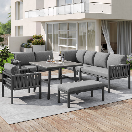 Canapé d'angle jardin corde tressée, acier galvanisé, pieds réglables, plateau verre, coussins, gris