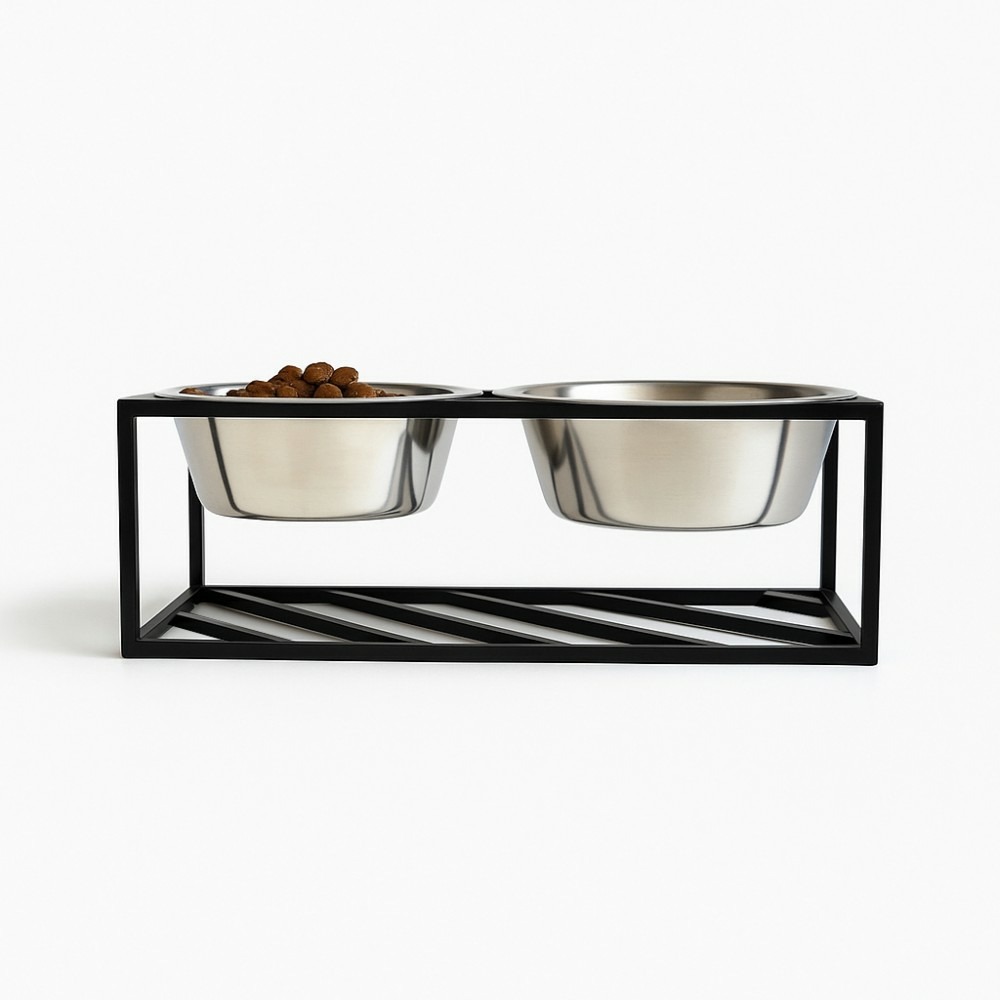 Olne - set de 2 gamelles surélevées pour chien en acier, socle design métal noir, 33x16x13cm
