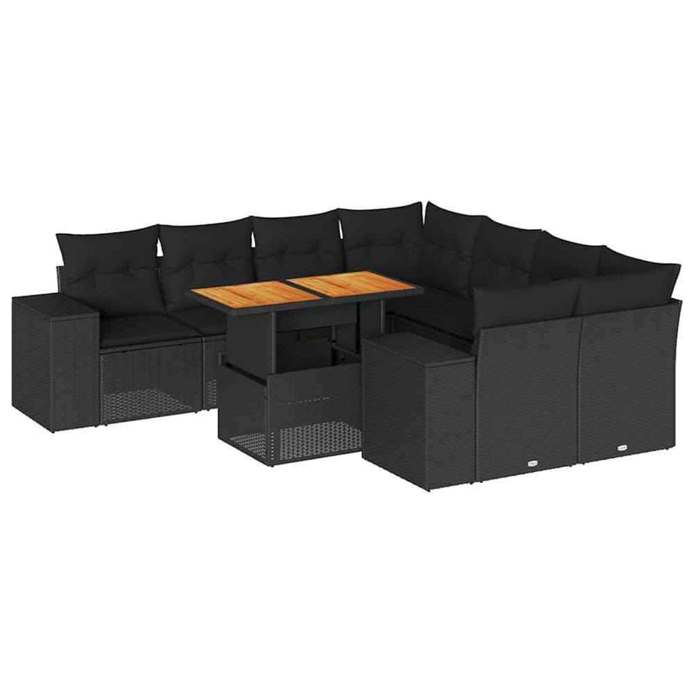 Salon de jardin 9 pcs avec coussins noir résine tressée