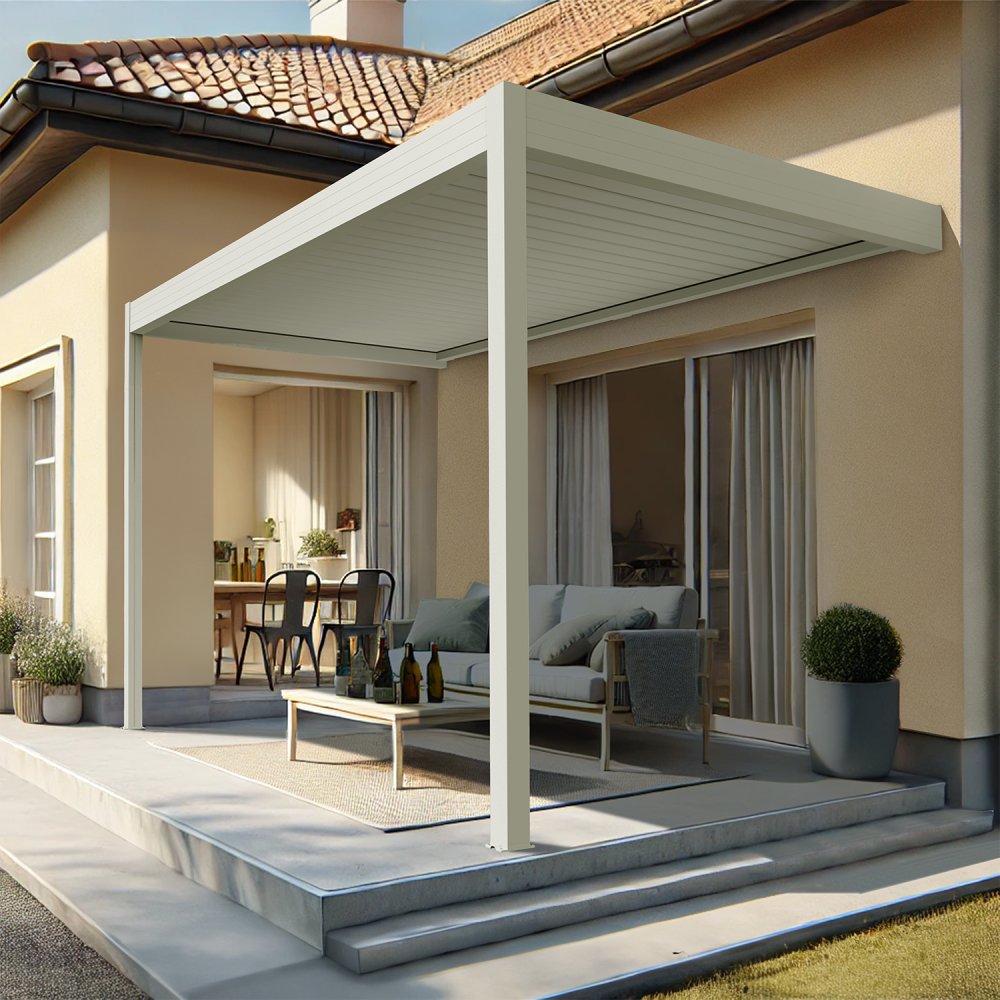 Pergola bioclimatique xenon ii perpendiculaire (vérin à télécommande - blanc - 6,093 x 3,00m)