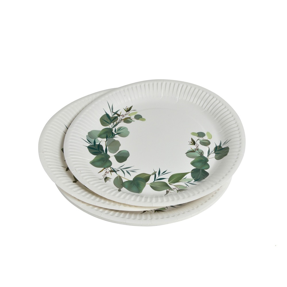 Set de 10 assiettes en carton 23 cm branche d'eucalyptus