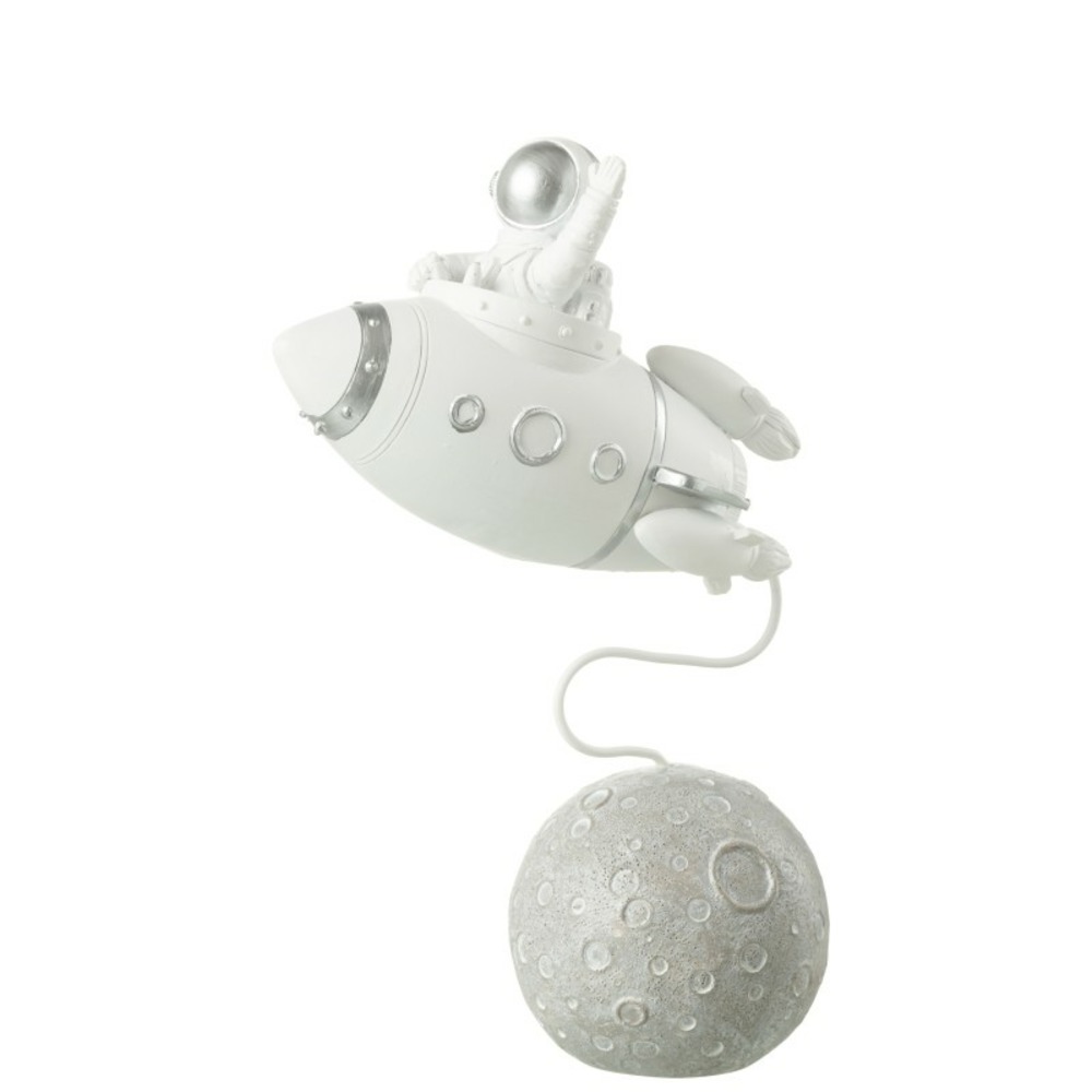 Fusée avec astronaute en synthétique blanc 15x7x23 cm
