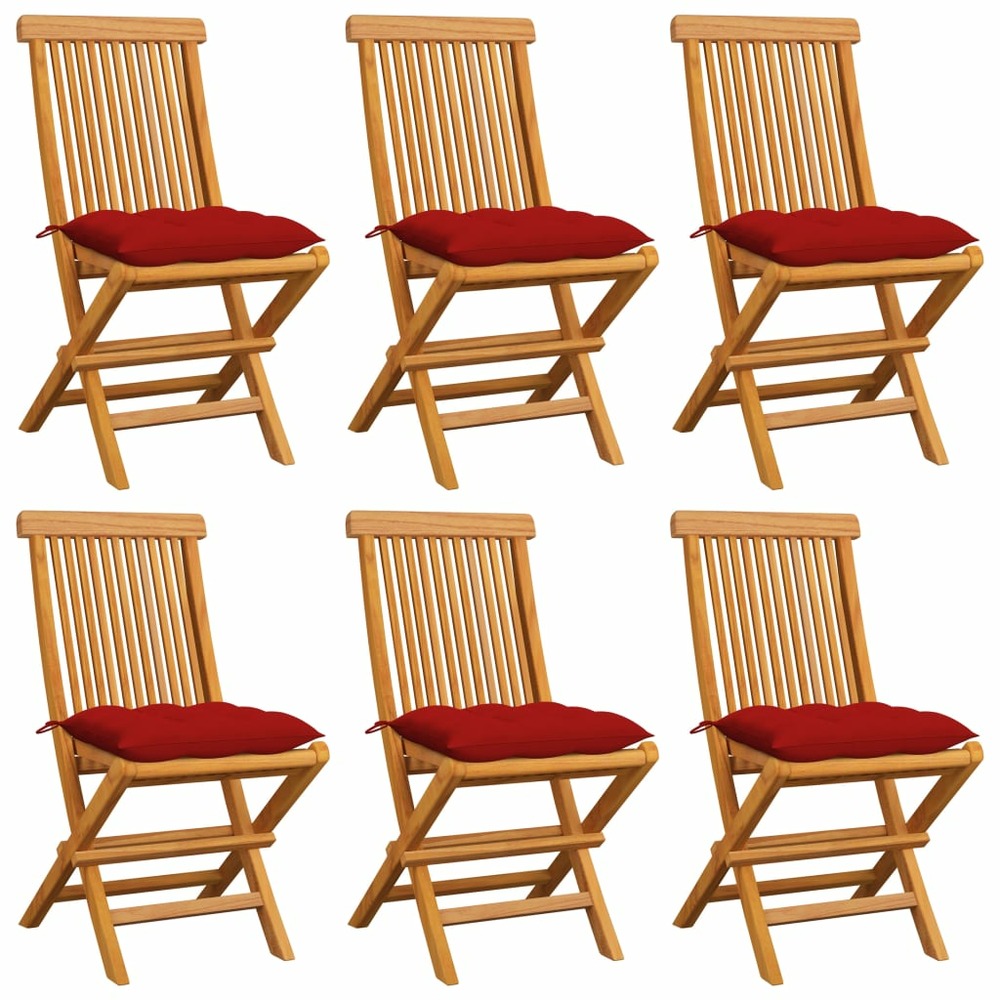Chaises de jardin avec coussins rouge 6 pcs bois de teck massif