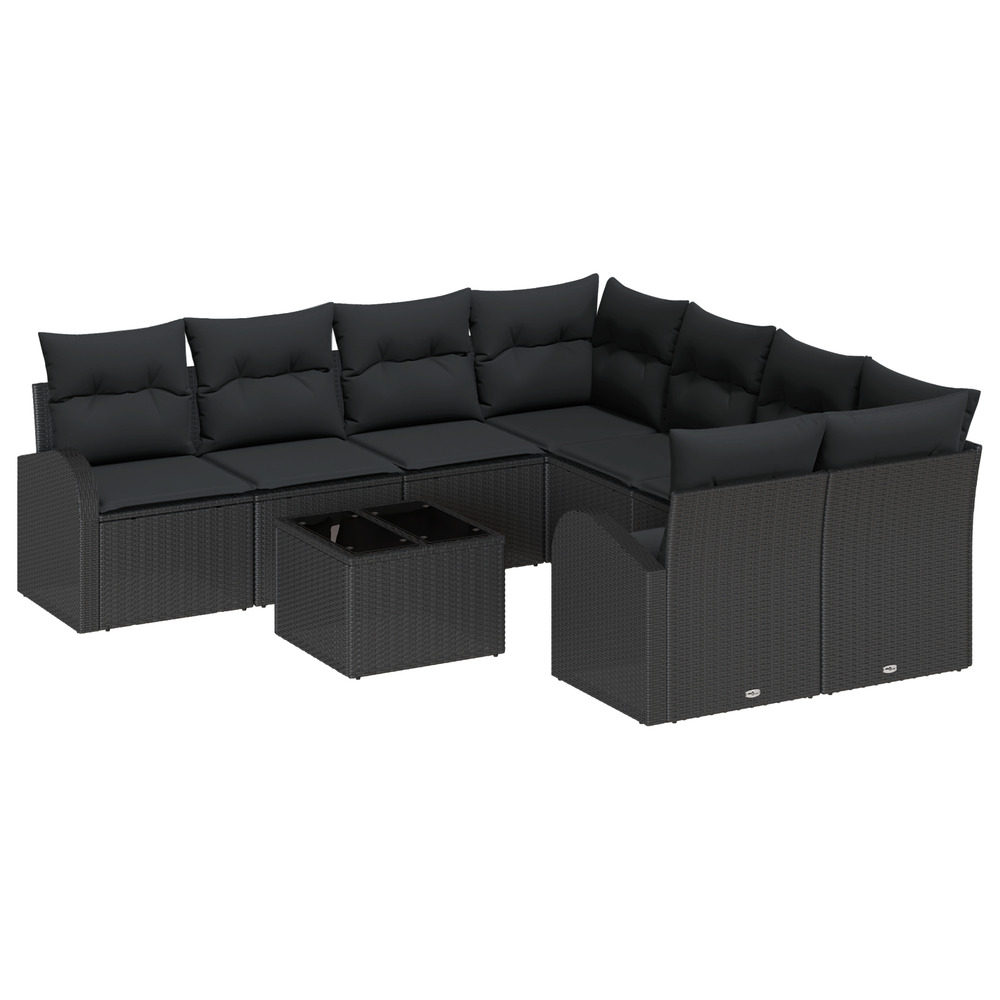 Ensemble de canapé de jardin 9 pièces avec coussins noir poly rattan