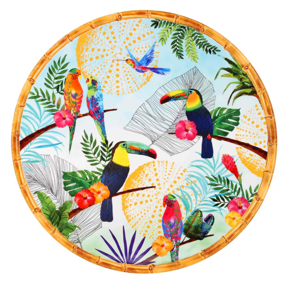 Plat de service rond - contour bambou 35,5 cm - toucans de rio