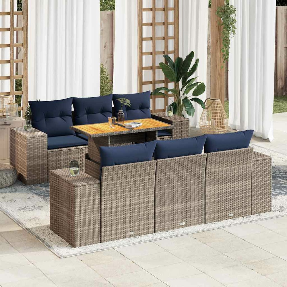 Salon de jardin avec coussins 7 pcs gris résine tressée