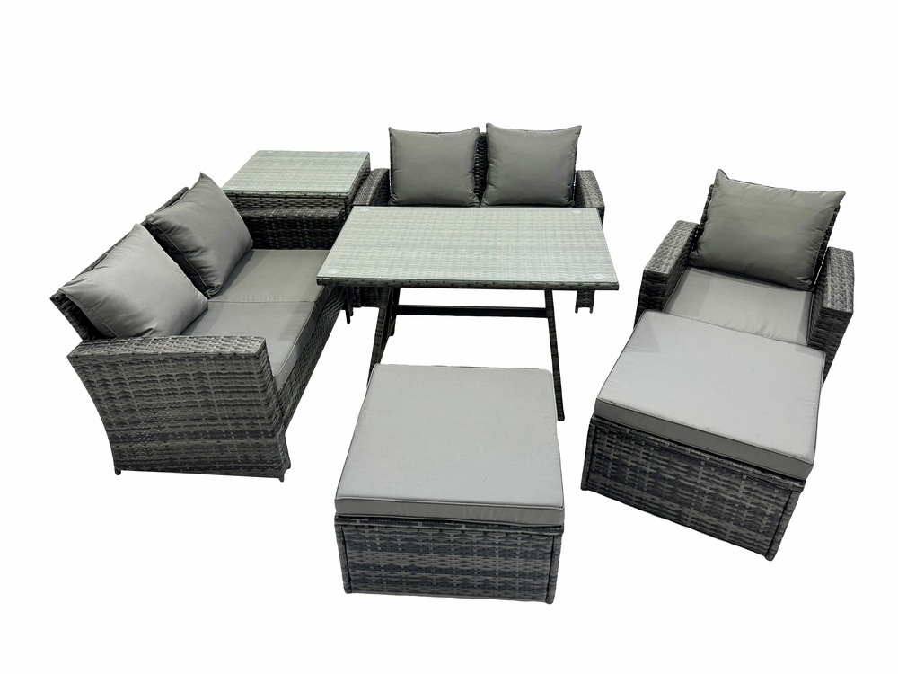 Ensemble de canapé en rotin extérieur avec table à manger canapé à deux places table d'appoint 2 grand tabourets gris foncé mixte