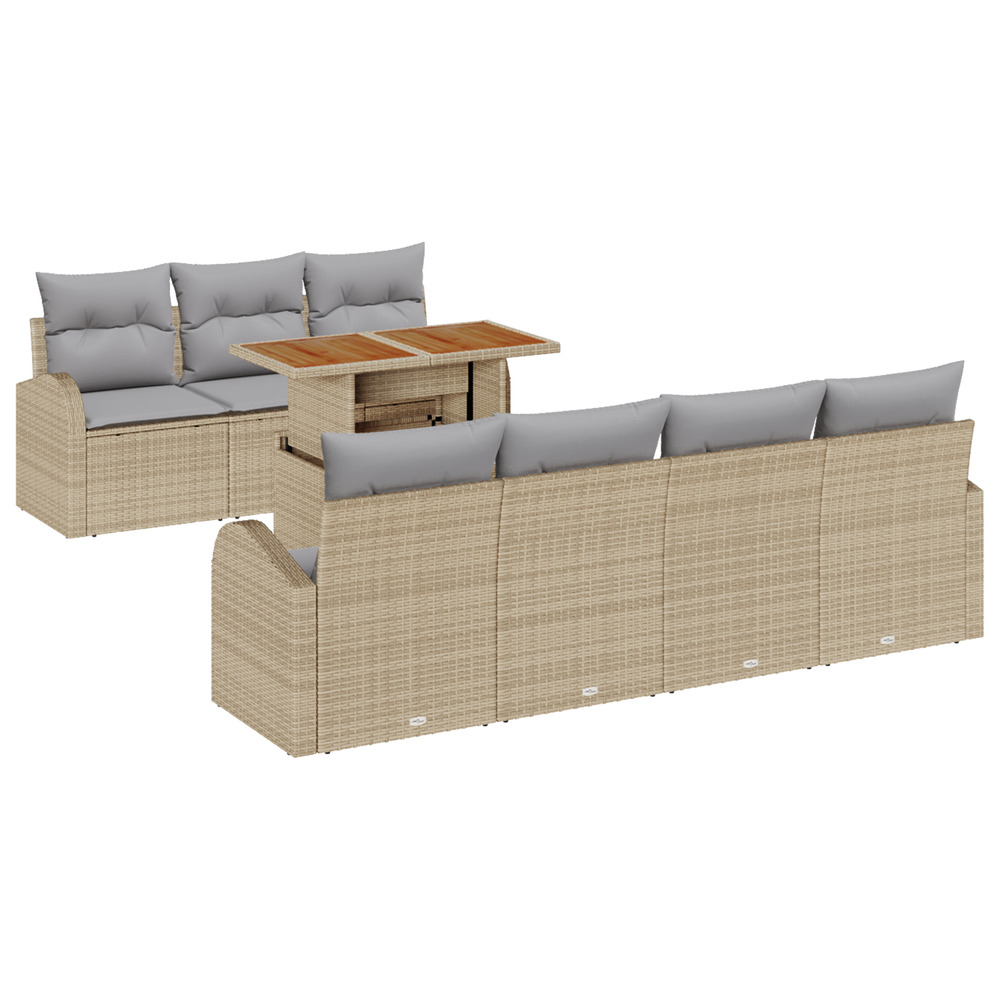 Ensemble salle à manger jardin 8 pièces avec coussins beige poly rattan acacia