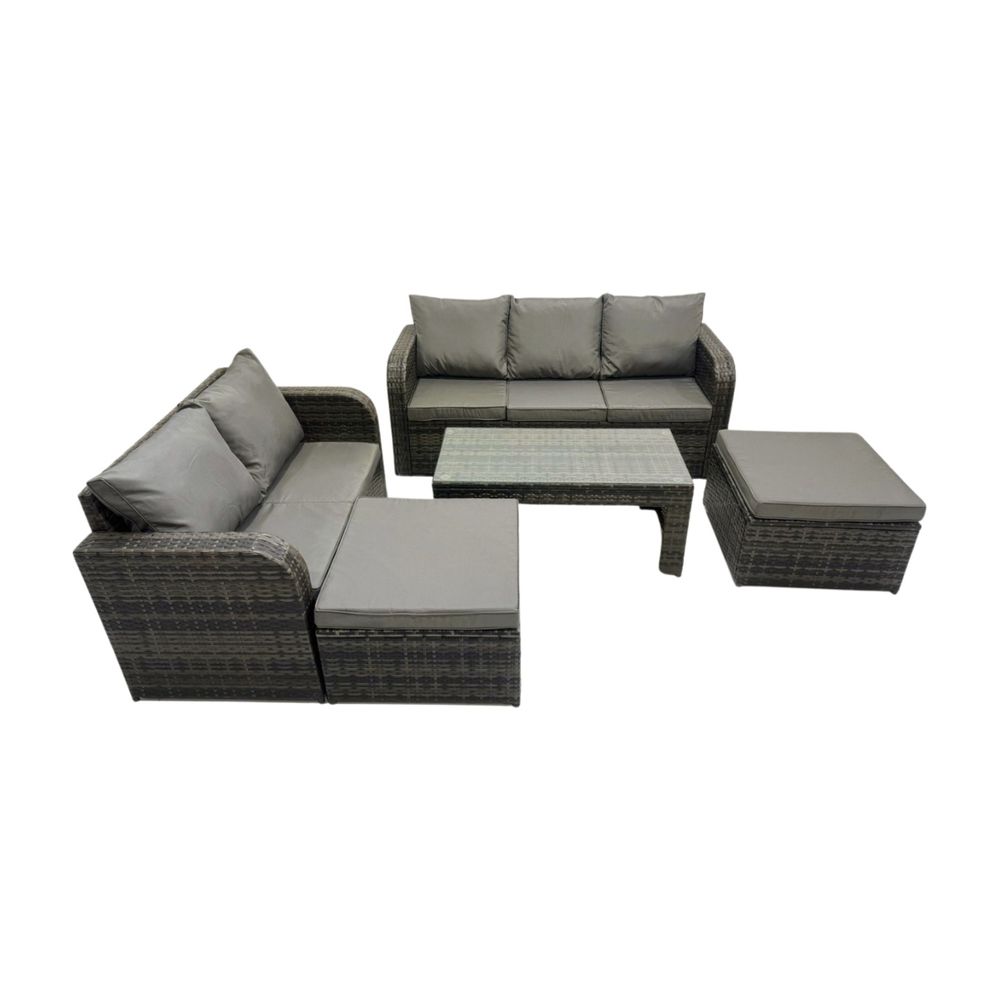 7 places salon de jardin exterieur avec table basse rectangulaire 2 grand tabourets gris foncé mixte