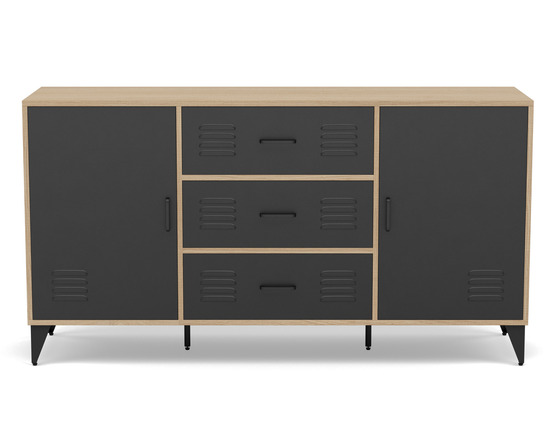 Tribeca - buffet bas - effet bois et métal noir - 3 tiroirs et 2 portes - 140 cm
