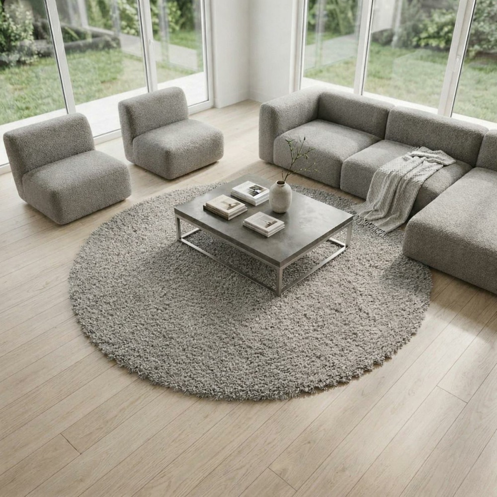 Tapis rond longs poils shaggy ø80cm tissé beige motif uni uni b