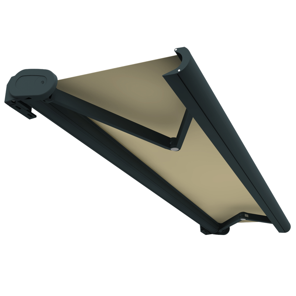 Store banne coffre intégral hevoa 4,00x3,00 m (motorisé secours à télécommande - gris anthracite stucturé ral7016st - écru)